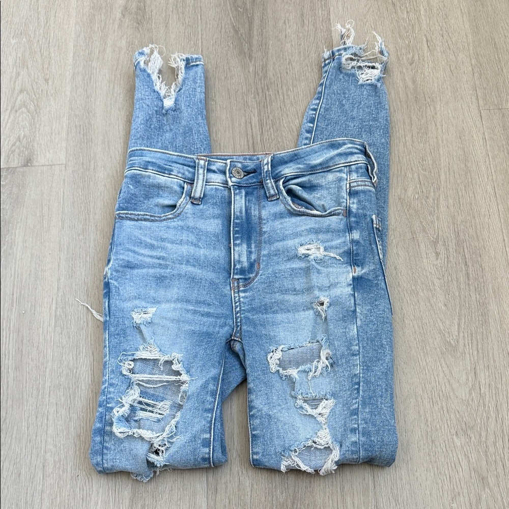 American Eagle High waisted Distressed Blue Skinny Jeans size 000 - Picture 4 of 15
